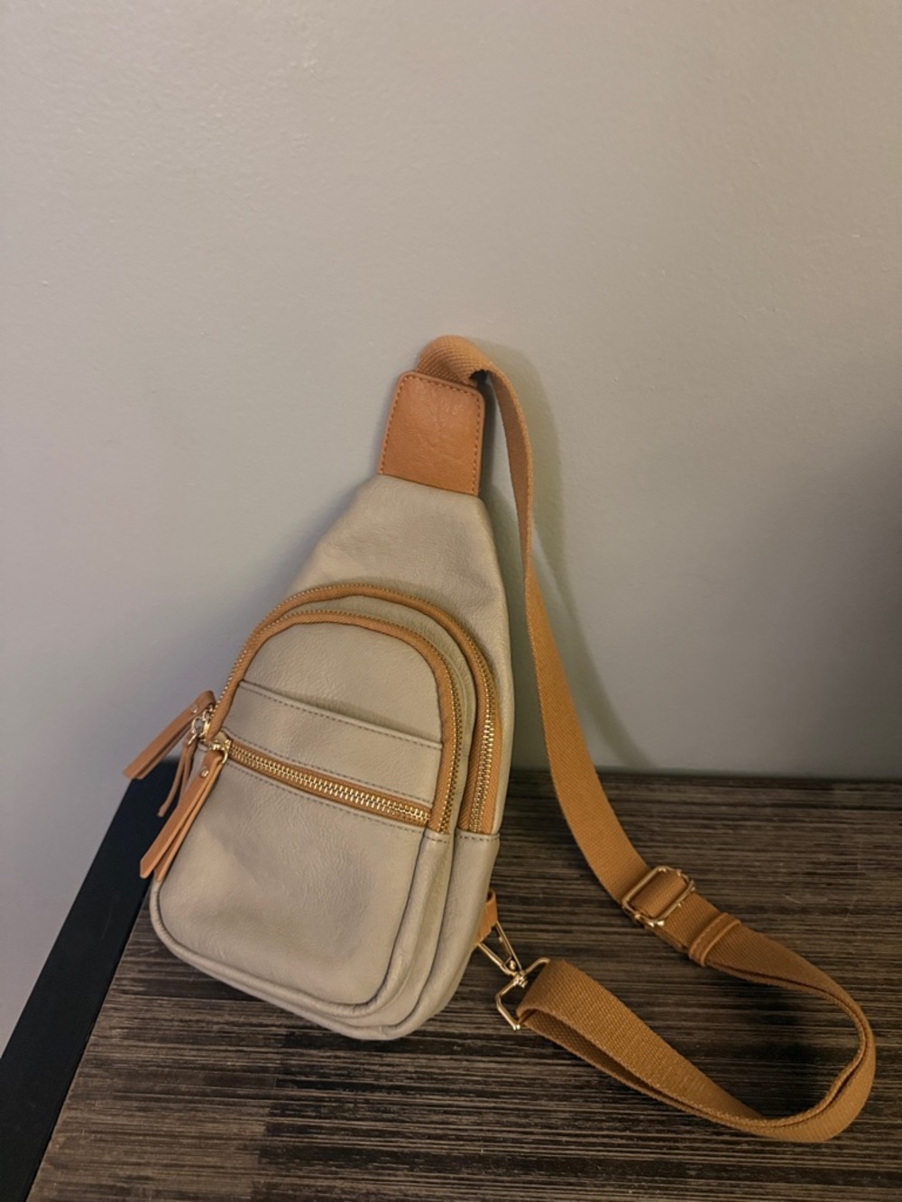 Beige Leather Crossbody Sling Bag with Tan Strap